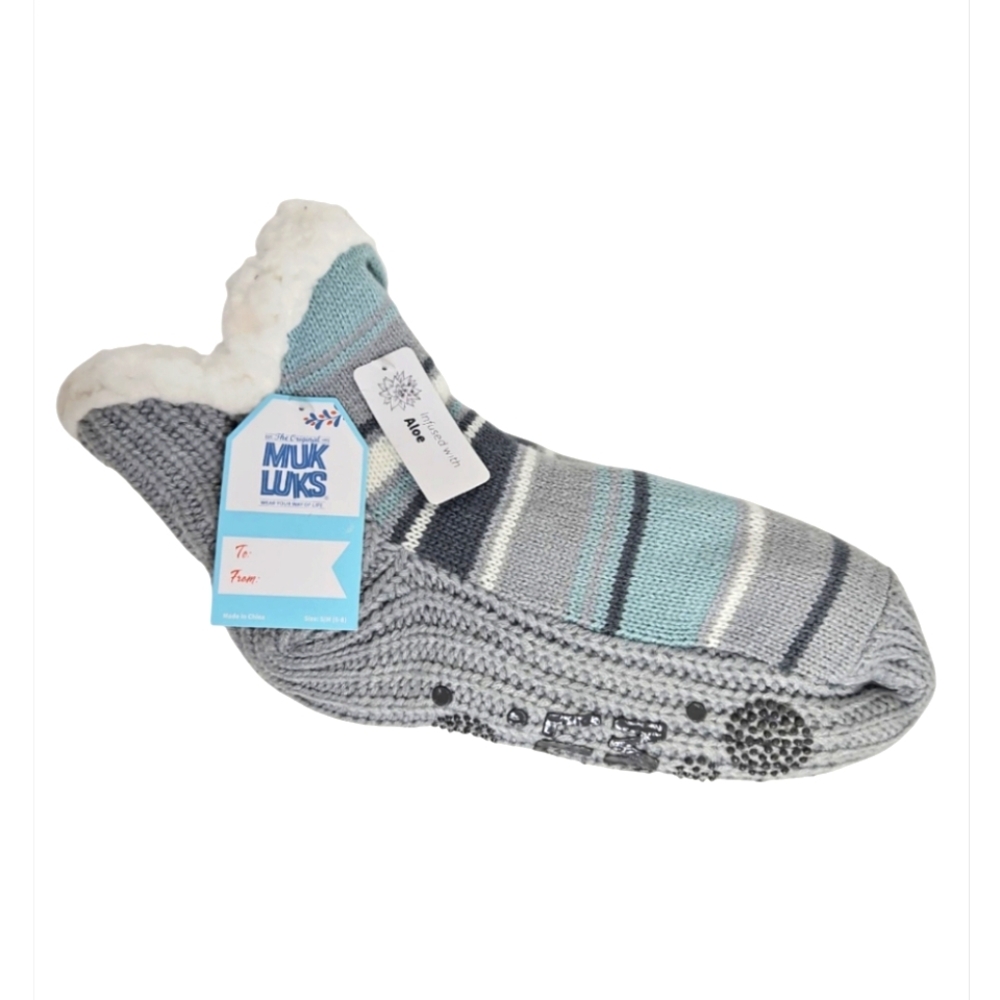 Muk Luks Fleece Lined Gray Teal Slipper Socks S/M 6-8 NWT